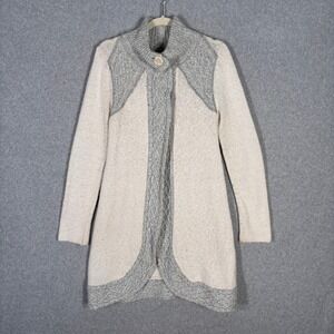 prAna Cardigan Duster Small Cream Gray Angelica Cable Chunky Crochet Long Snap**